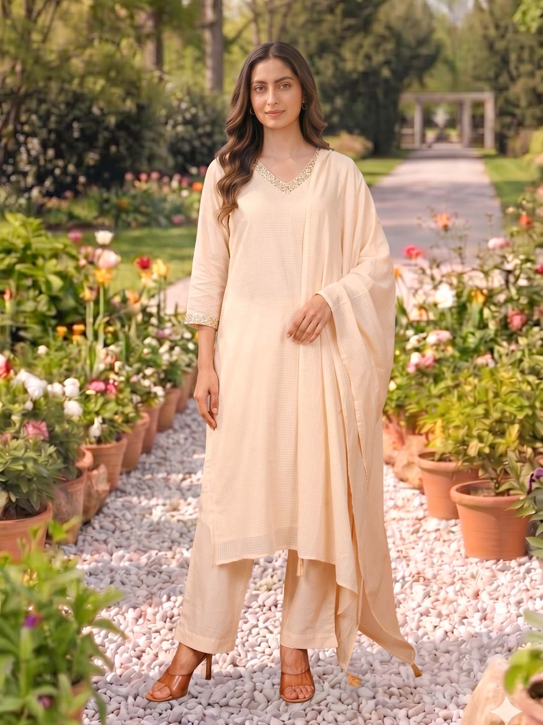 SOFT BEIGE KOTA DORIA SUIT SET WITH SEQUENCE WORK