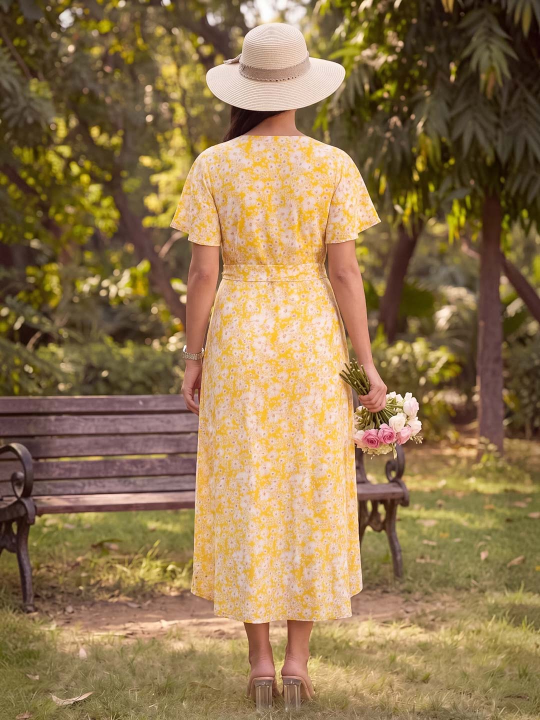 YELLOW & WHITE FLOWER ASSYMETRIC RAYON DRESS