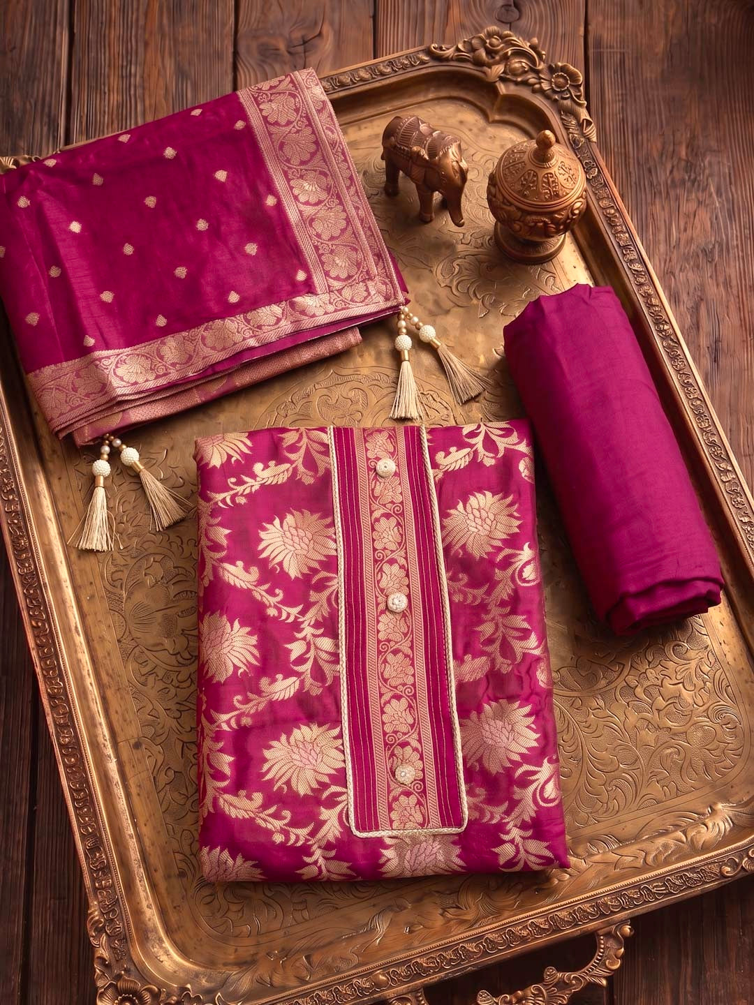 PURPLE BANARSI SILK UNSTITCHED SUIT SET