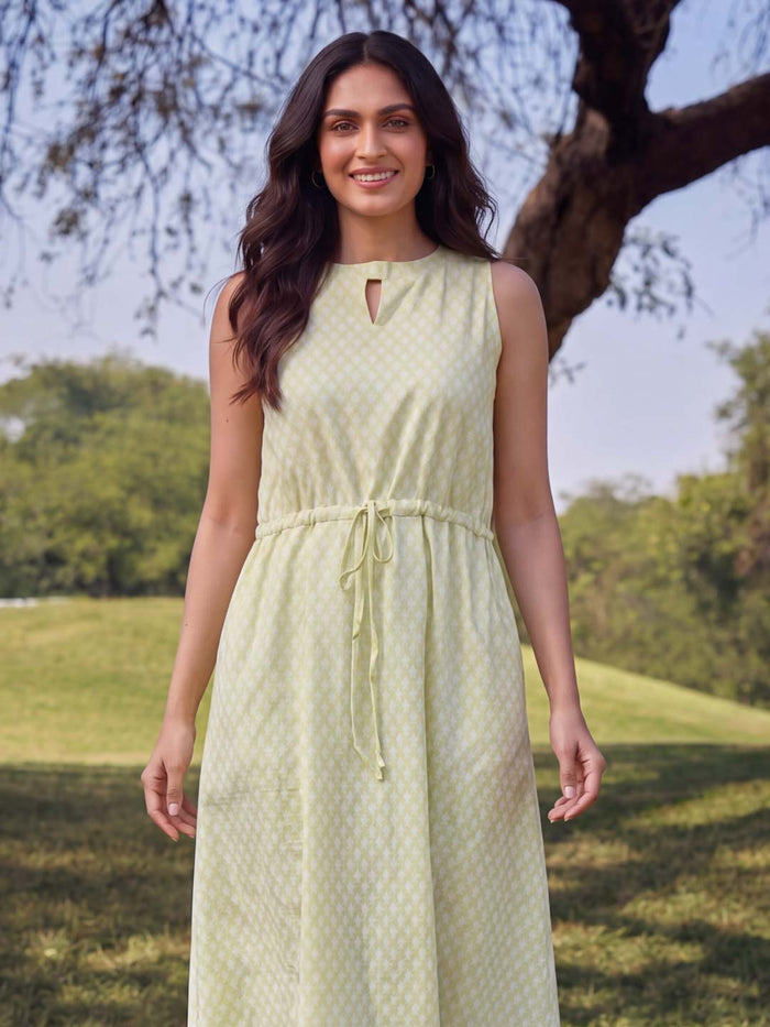 YELLOW & WHITE HANDBLOCK CUT SLEEVES DRESS WITH LINING