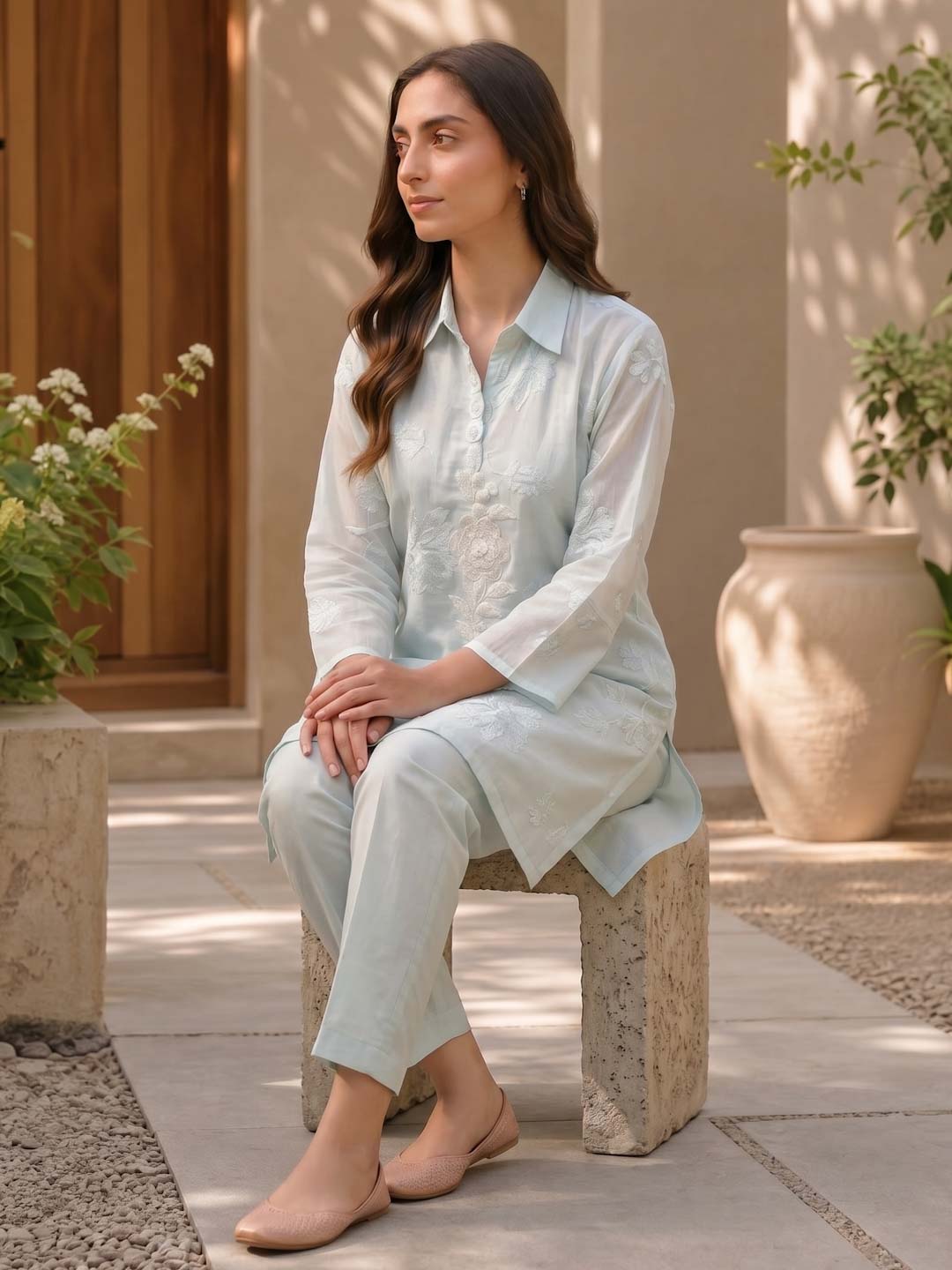 LIGHT BLUE COTTON MUL MUSLIN CO-ORD SET