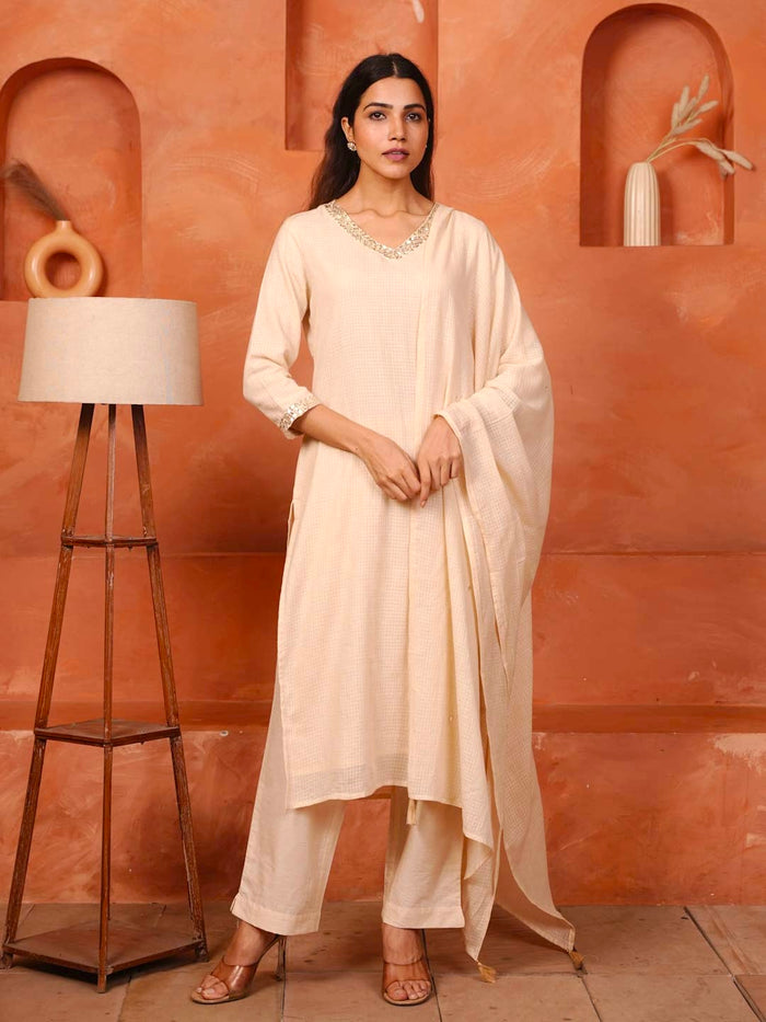 SOFT BEIGE KOTA DORIA SUITS SET WITH SEQUENCE WORK