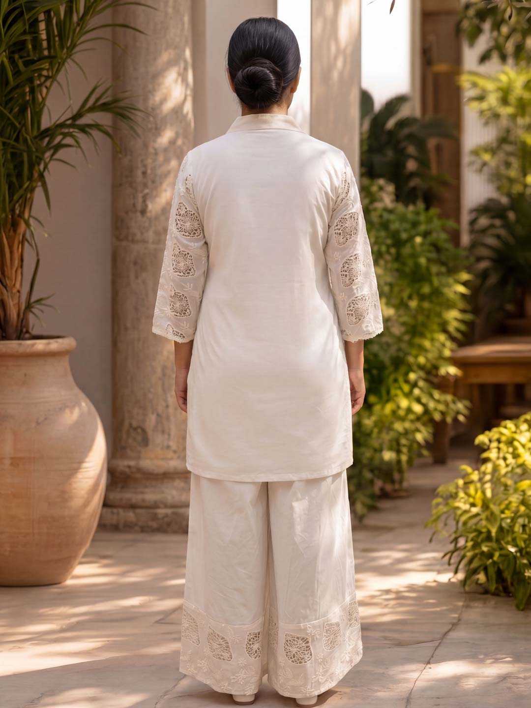 CREAM MUL COTTON SCHIFFLI CO-ORD SET