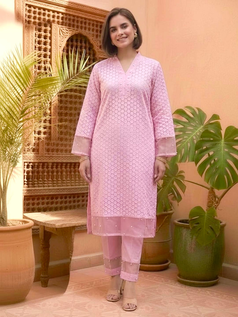 PINK SCHIFFLI KURTA SET WITH PEARL WORK