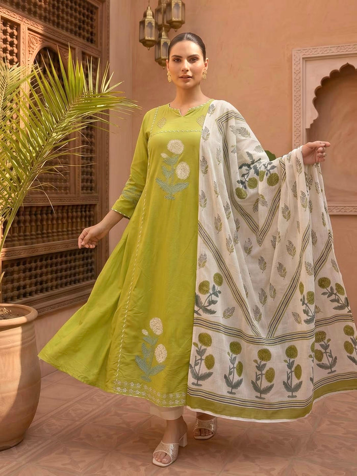 OLIVE GREEN COTTON HANDBLOCK SUIT SET