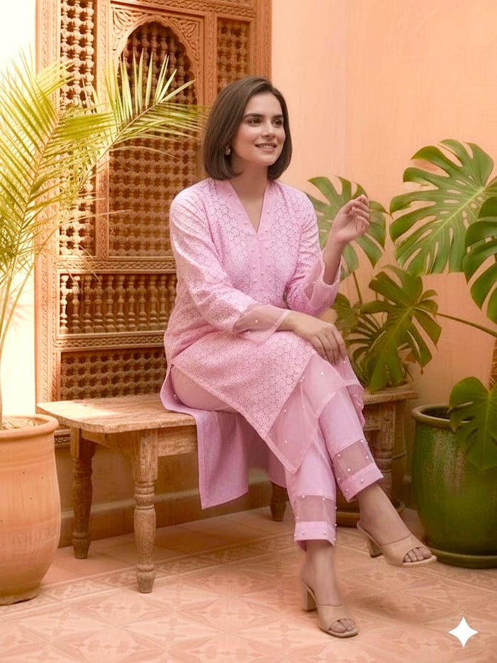 PINK SCHIFFLI KURTA SET WITH PEARL WORK