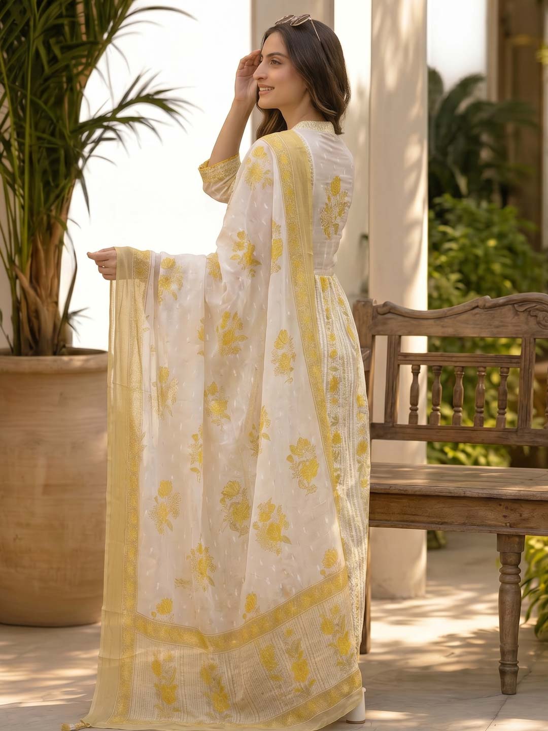 YELLOW & WHITE SUIT SET WITH SEQUENCE WORK