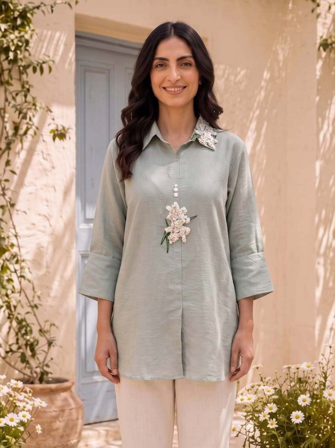 DUSK BLUE COTTON HANDWORK TOP WITH EMBROIDERY