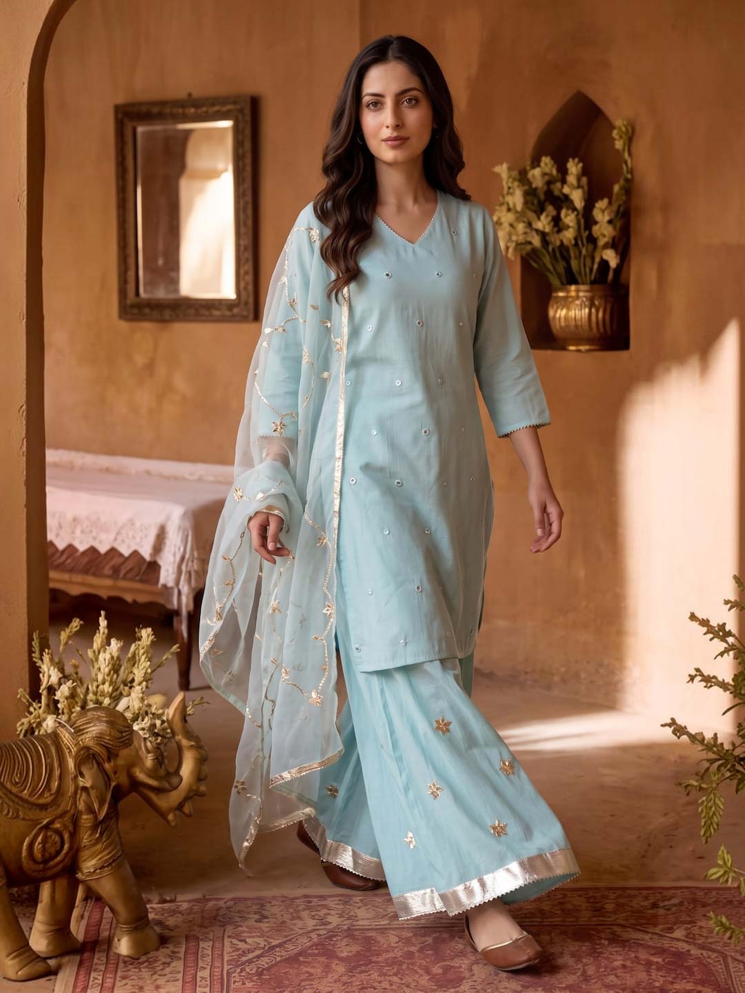 POWDER BLUE CHANDERI PALAZZO SET WITH ORGANZA DUPATTA