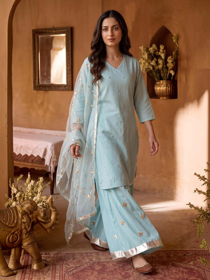 POWDER BLUE CHANDERI PALAZZO SET WITH ORGANZA DUPATTA