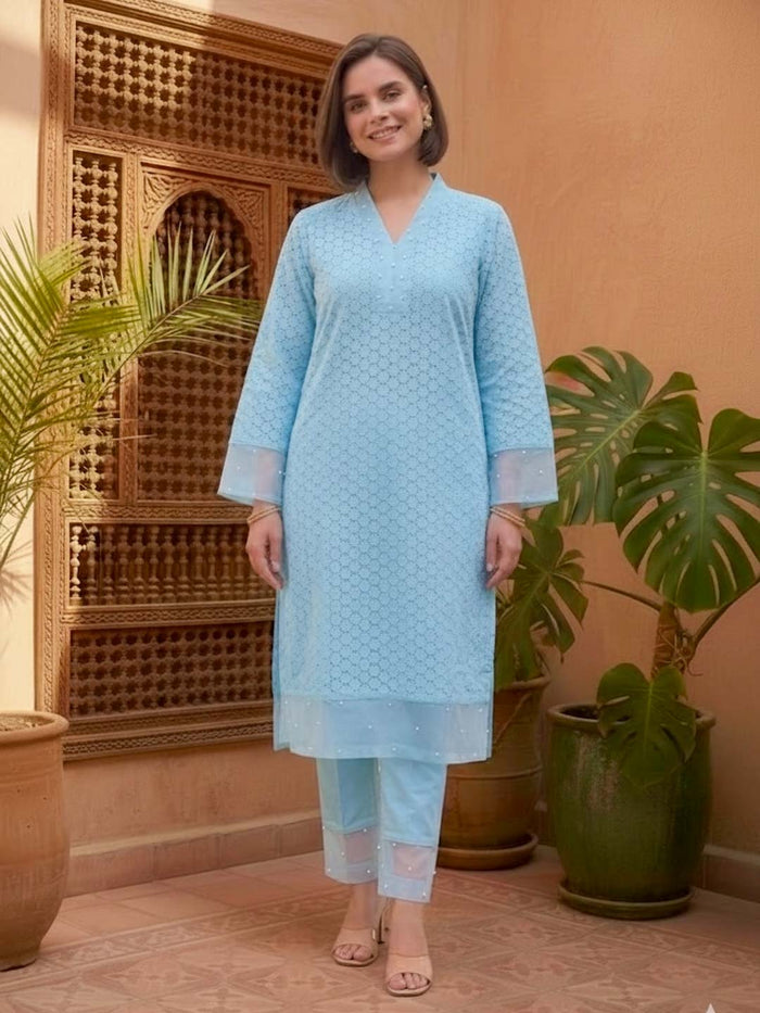 BLUE SCHIFFLI KURTA SET WITH PEARL WORK