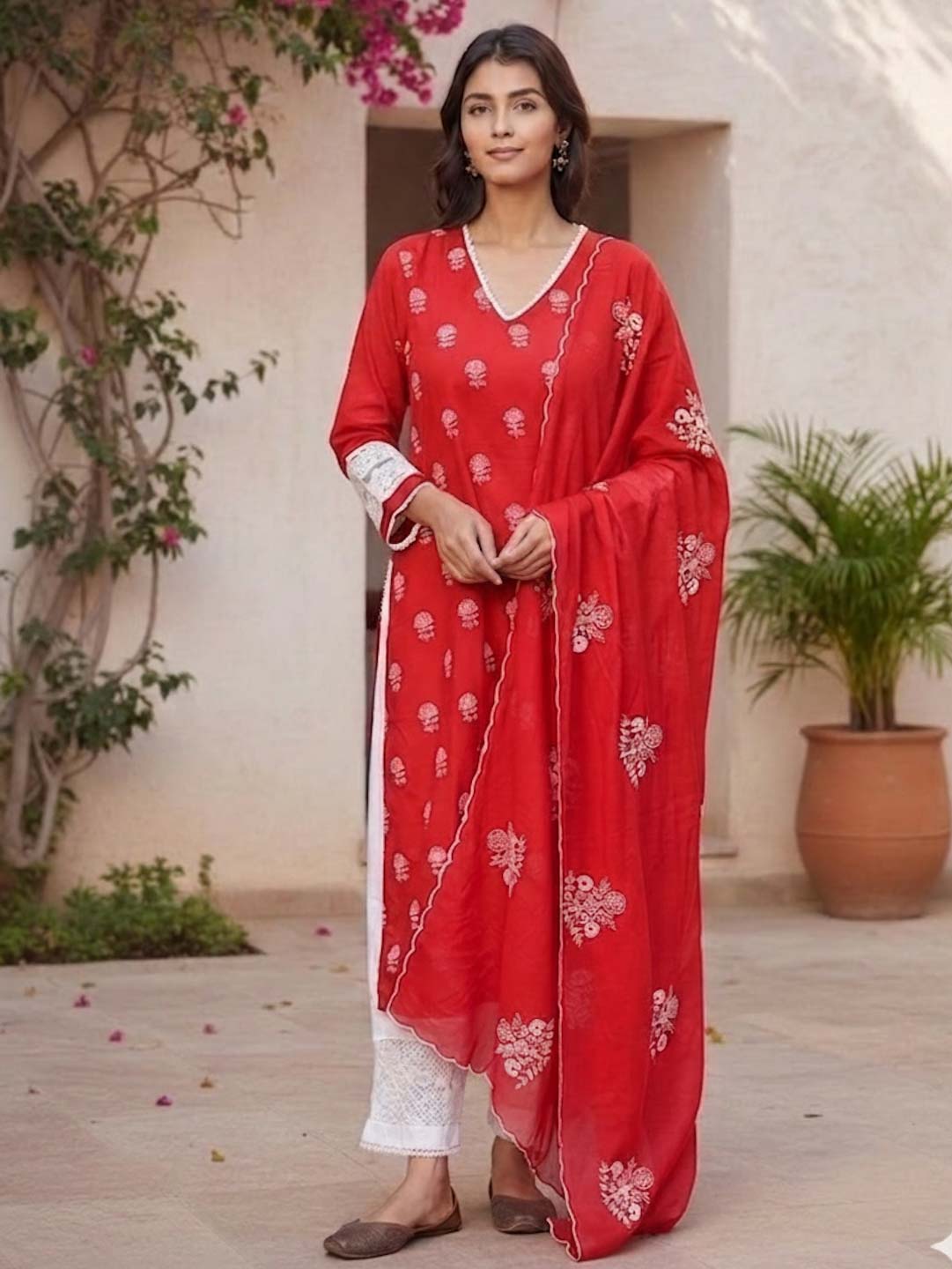 RED & WHITE SUIT SET WITH LACE WORK