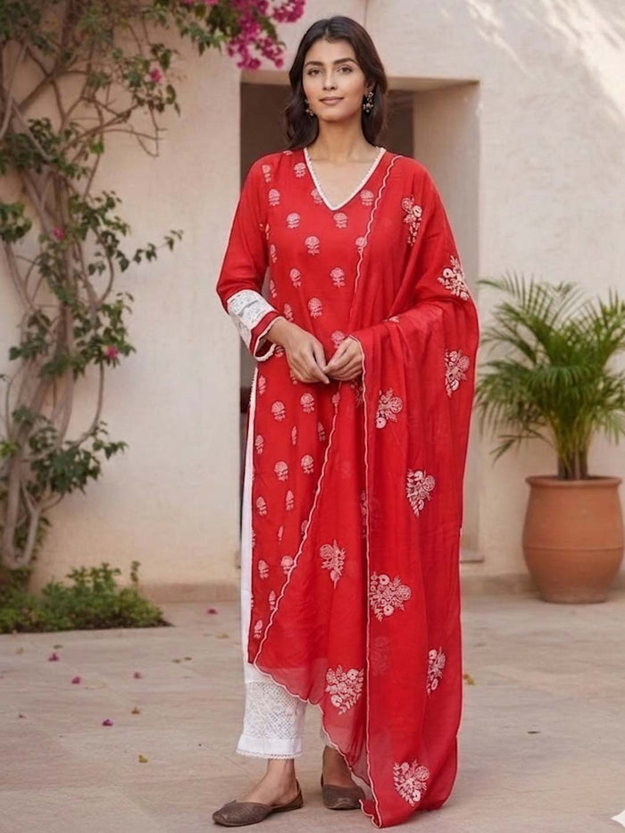 RED & WHITE SUIT SET WITH LACE WORK