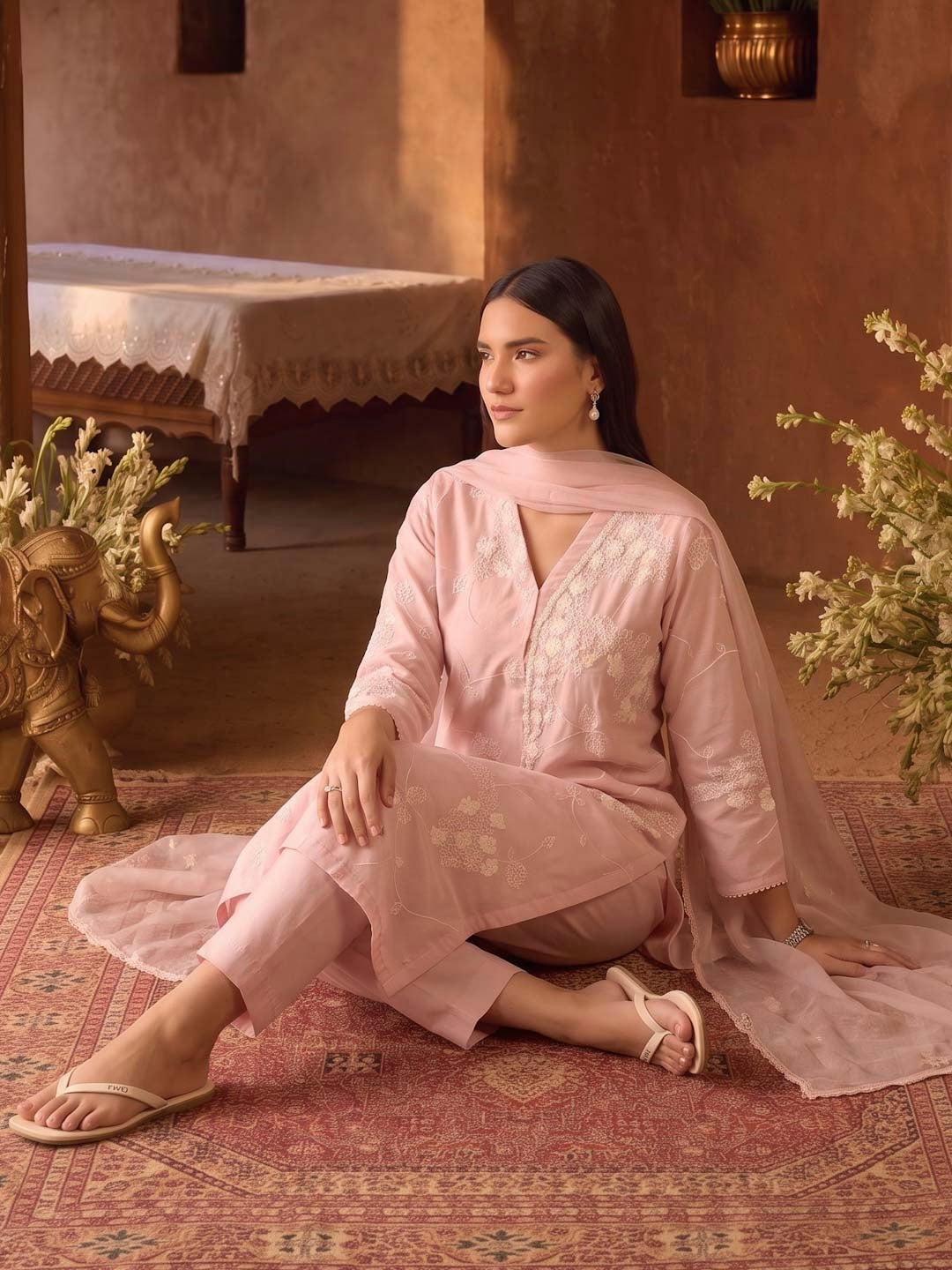 MAUVE PINK MUL CHANDERI HANDWORK & EMBROIDERED SUIT SET
