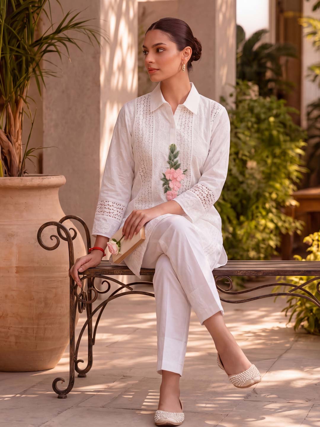 WHITE COTTON SCHIFFLI EMBROIDERED CO-ORD SET