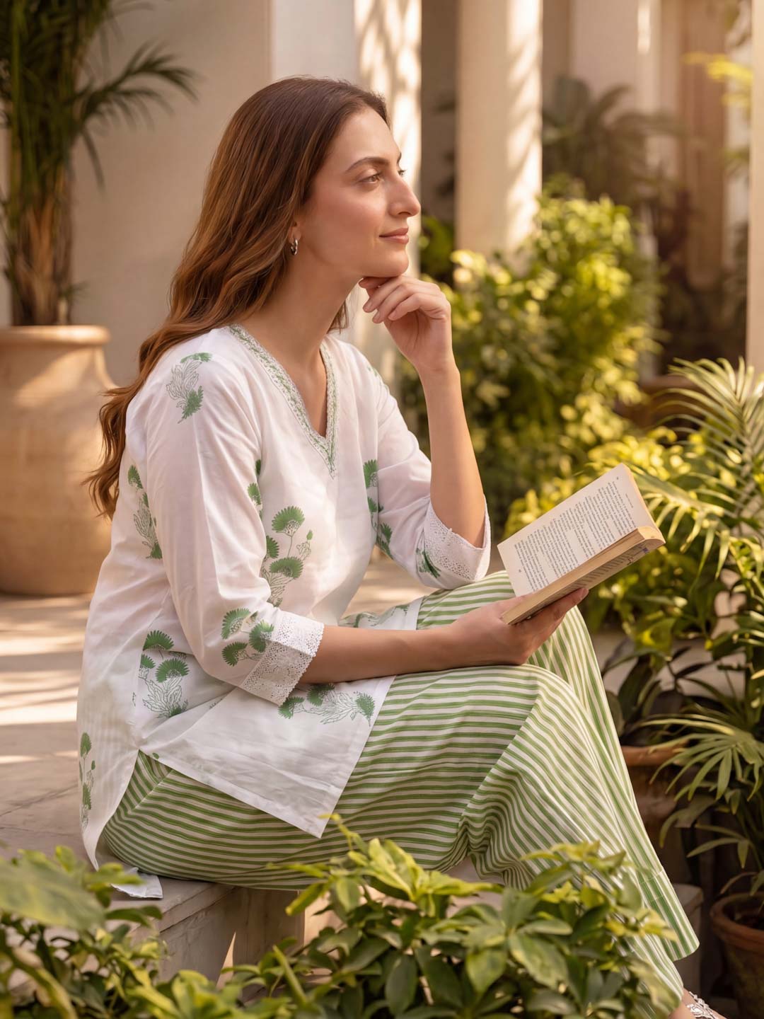 GREEN COTTON HANDBLOCK CO-ORD SET WITH FARSHI PANTS