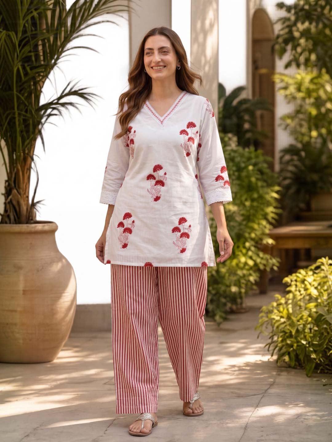 RED COTTON HANDBLOCK CO-ORD SET WITH FARSHI PANTS