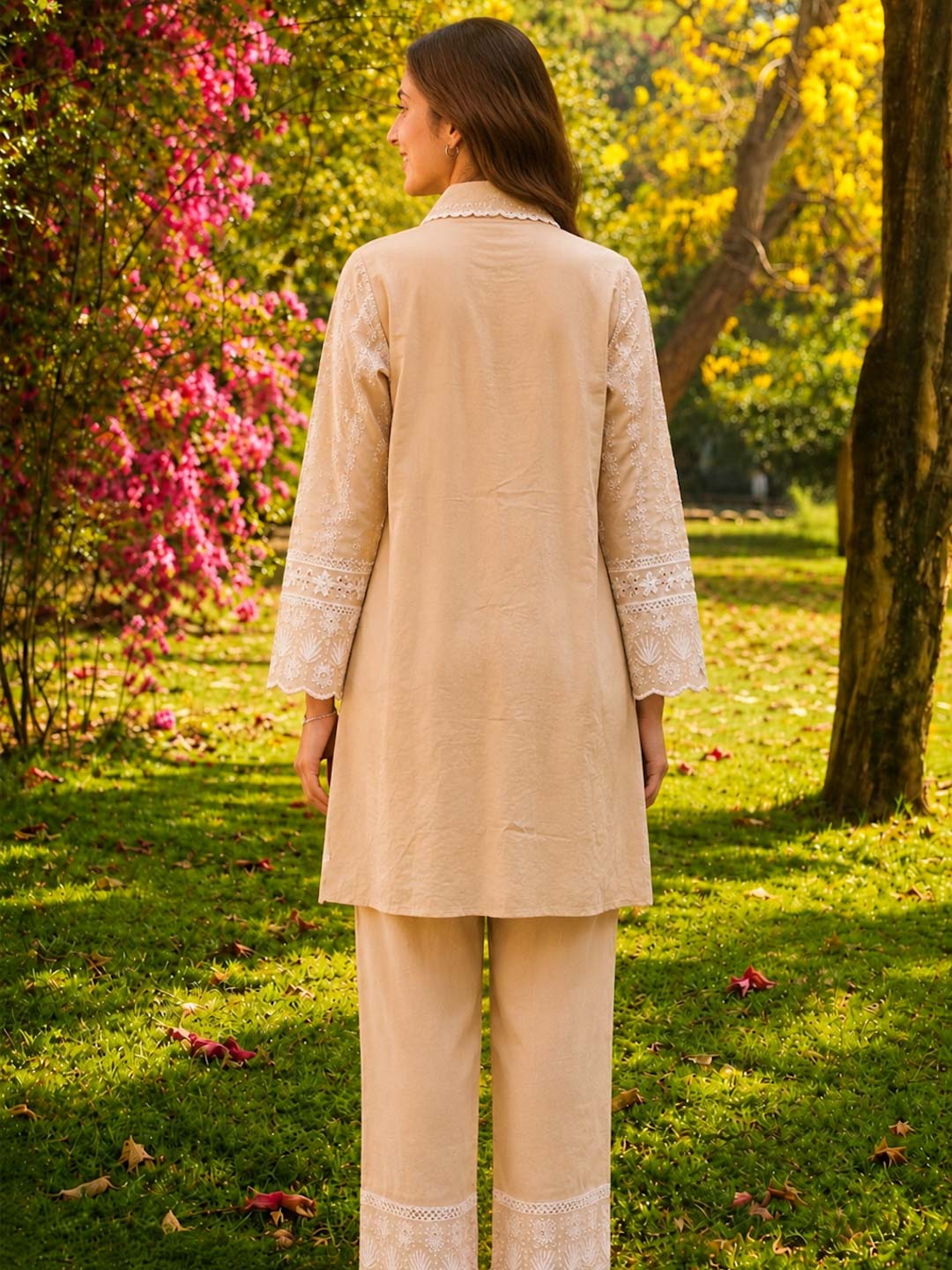 BEIGE & WHITE MUL COTTON EMBROIDERED CO-ORD SET