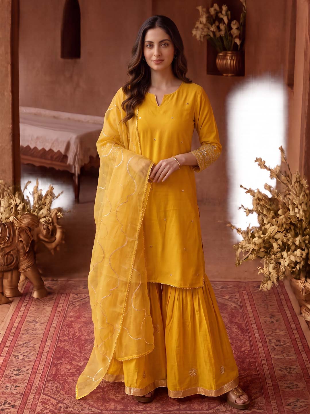 MUSTARD YELLOW CHANDERI SHARARA SET WITH ORGANZA DUPATTA