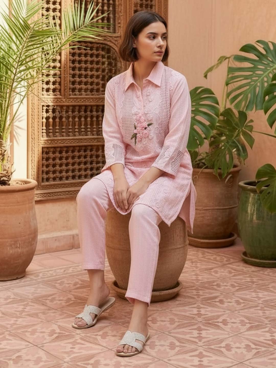 BABY PINK COTTON HANDWORK & EMBROIDERED CO-ORD SET