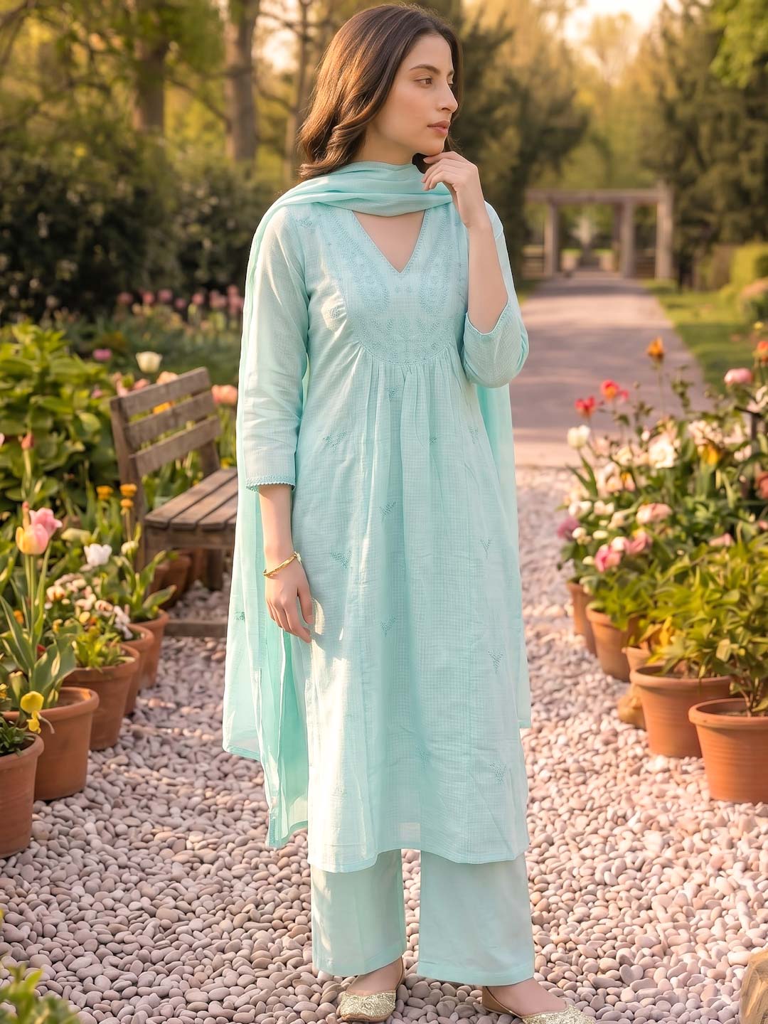 POWDER BLUE KOTA DORIA SUIT SET WITH KOTA DUPATTA
