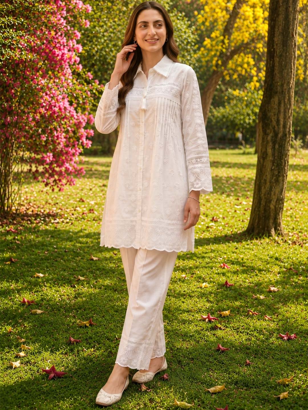 WHITE MUL COTTON EMBROIDERD CO-ORD SET