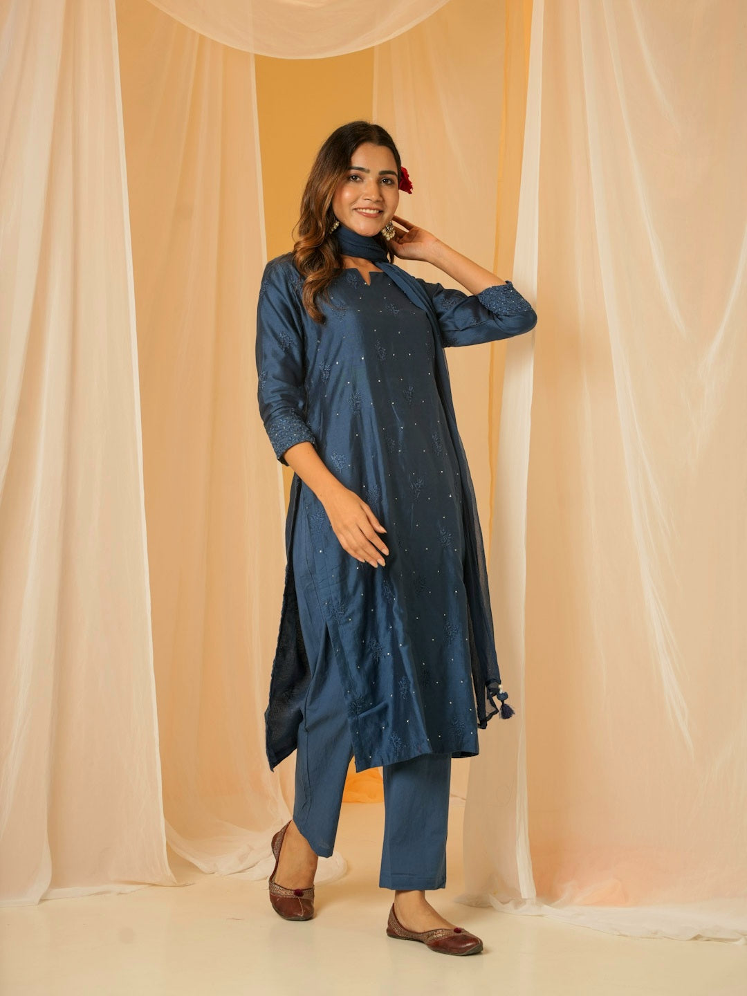 TWILIGHT BLUE CHANDERI SUIT SET WITH HANDWORK