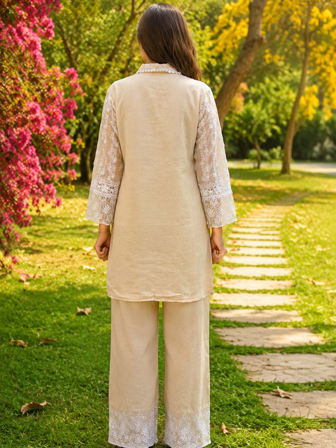 BEIGE & WHITE MUL COTTON EMBROIDERED CO-ORD SET