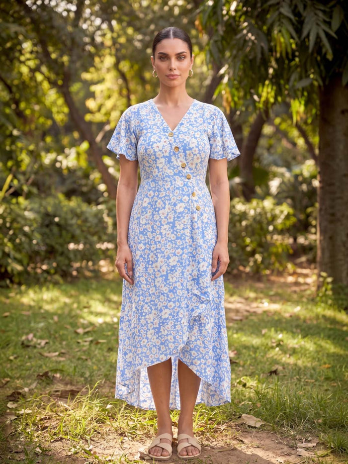 BLUE & WHITE FLOWER ASSYMETRIC RAYON DRESS