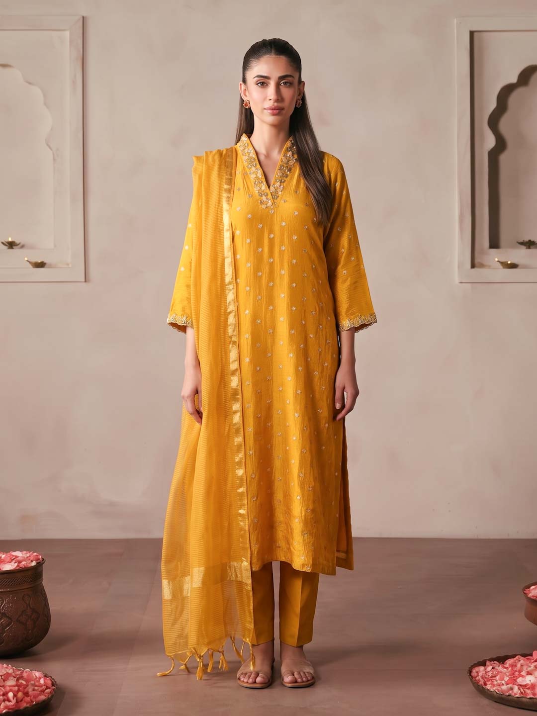 MUSTARD YELLOW TISSUE HANDWORK SUIT SET