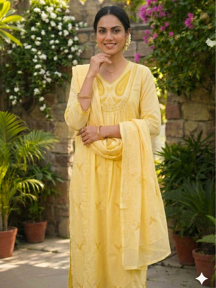 BRIGHT YELLOW KOTA DORIA SUIT SET WITH KOTA DUPATTA