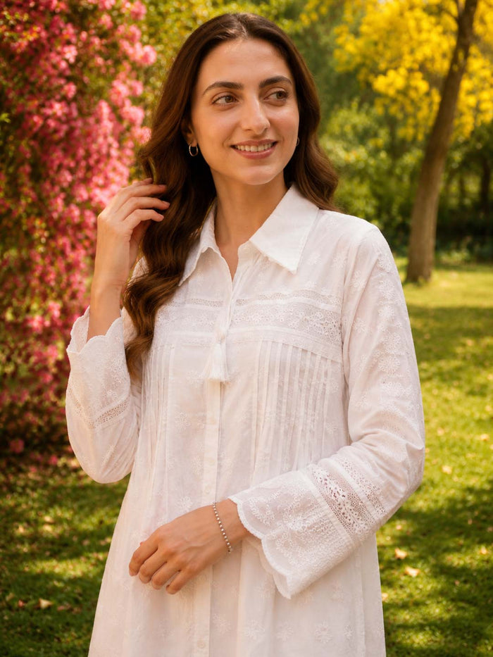 WHITE MUL COTTON EMBROIDERD CO-ORD SET
