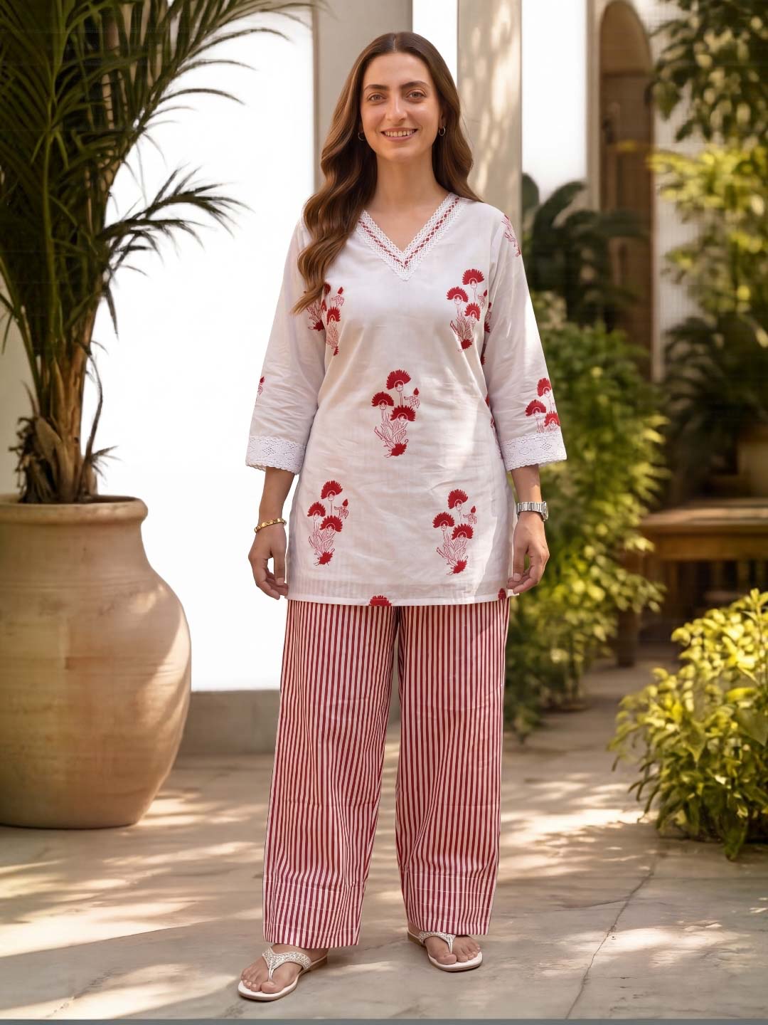 RED COTTON HANDBLOCK CO-ORD SET WITH FARSHI PANTS