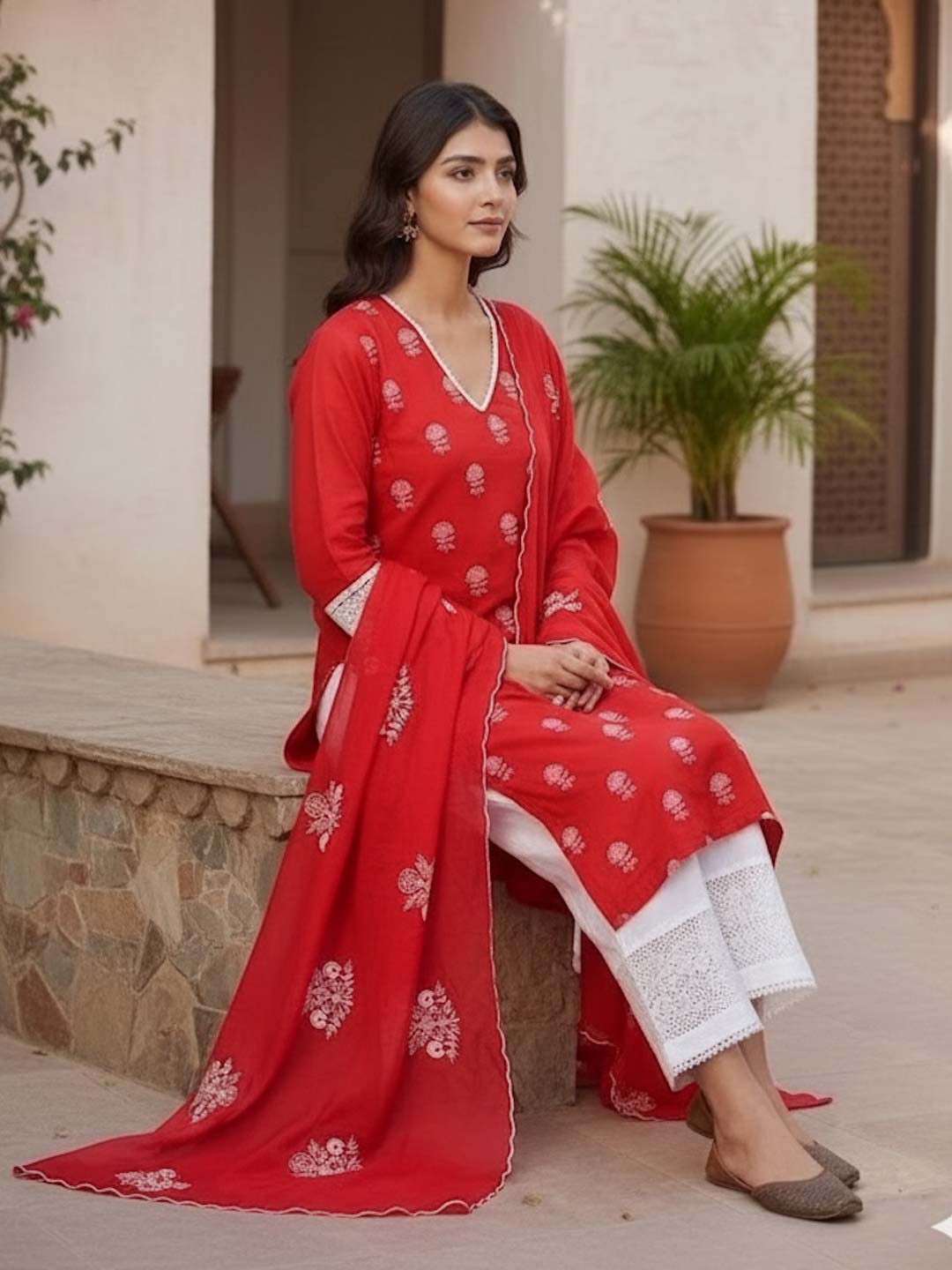 RED & WHITE SUIT SET WITH LACE WORK