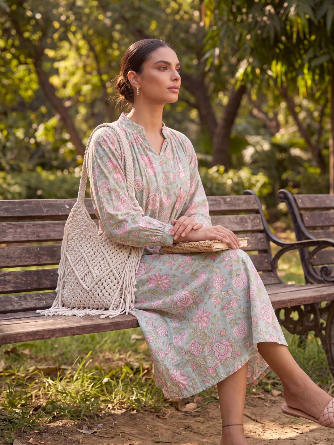 PINK & GREEN VOIL HANDBLOCK DRESS