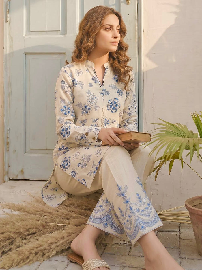 CREAM & TEAL BLUE COTTON SLUB CO-ORD SET