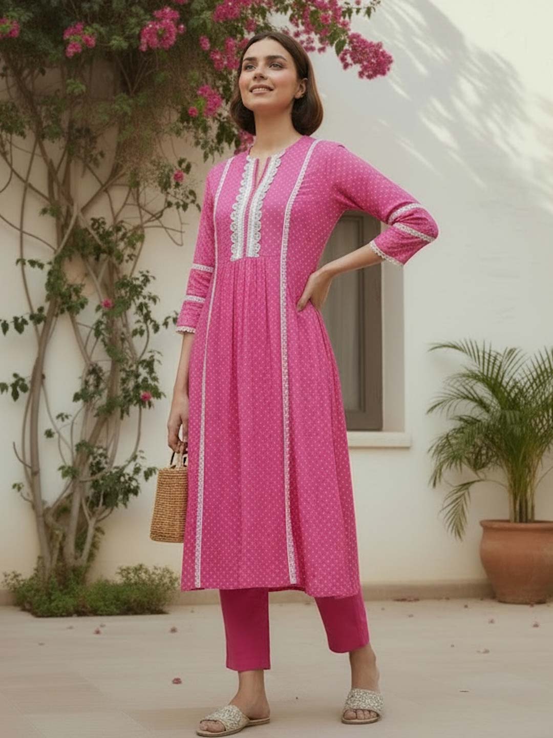 PINK COTTON KURTA SET WITH LACE WORK