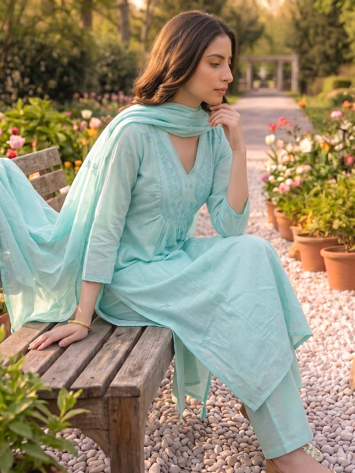 POWDER BLUE KOTA DORIA SUIT SET WITH KOTA DUPATTA