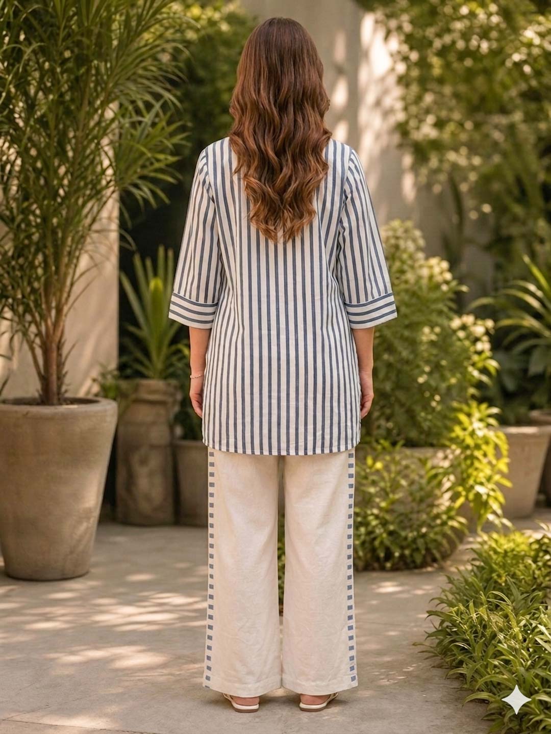 OFF-WHITE & TEAL BLUE STRIPED COTTON SLUB EMBROIDERED CO-ORD SET