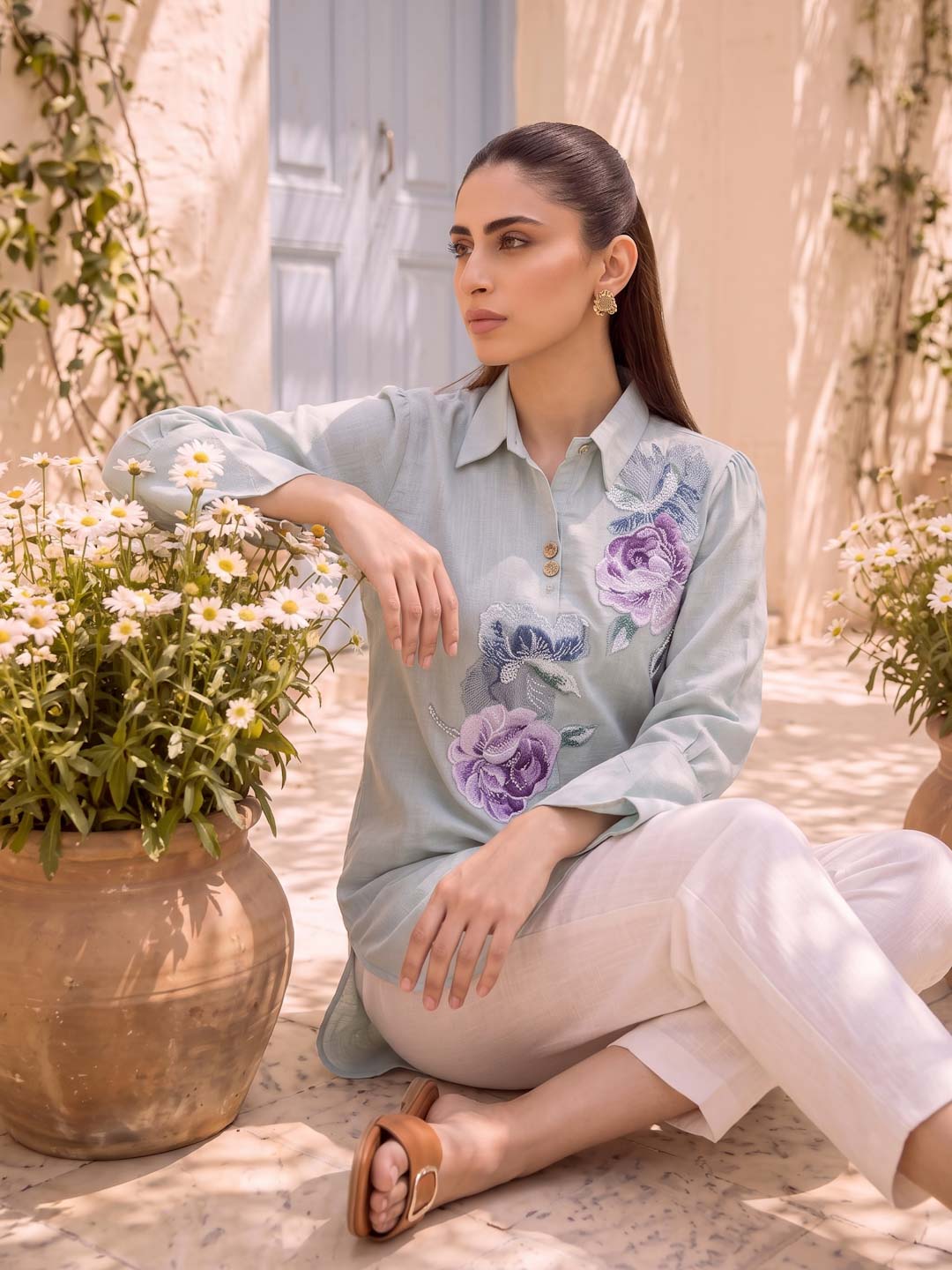 DUSK BLUE COTTON HANDWORK TOP