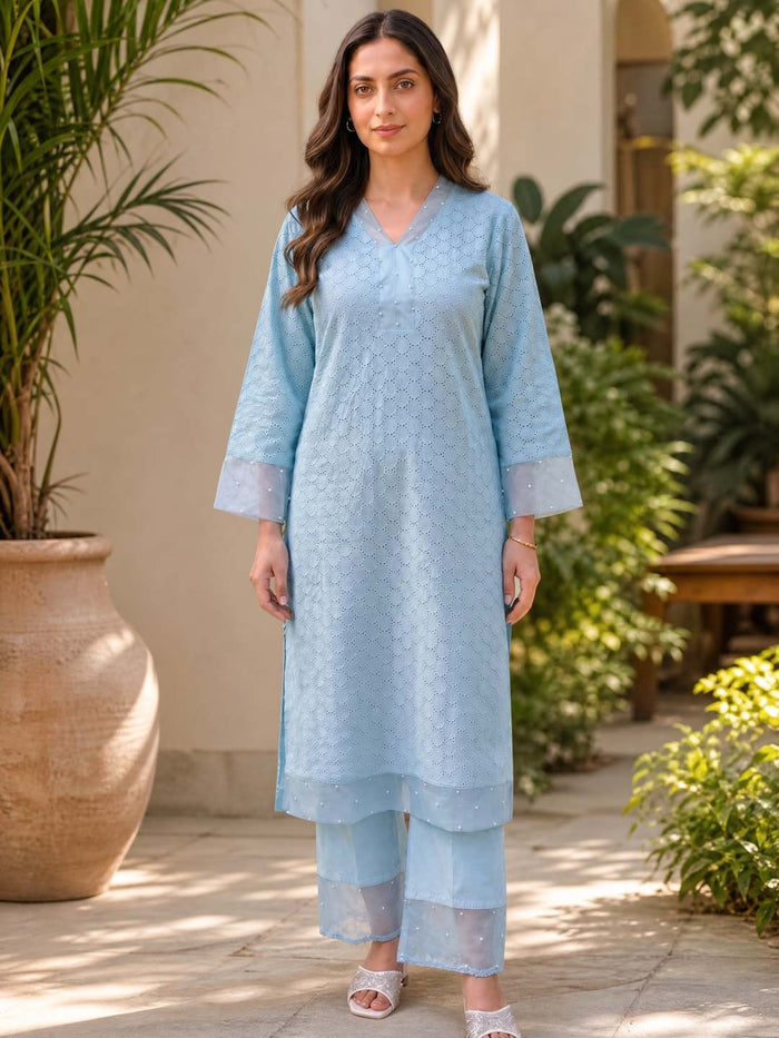 BLUE SCHIFFLI KURTA SET WITH PEARL WORK