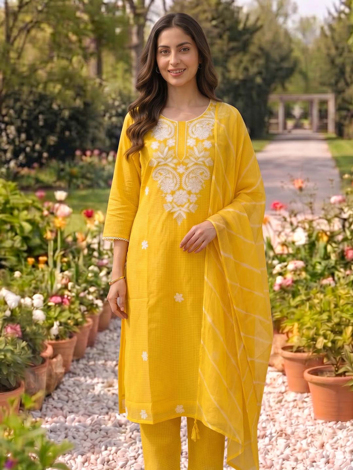 CUSTARD YELLOW KOTA DORIA SUIT SET WITH EMBROIDERY