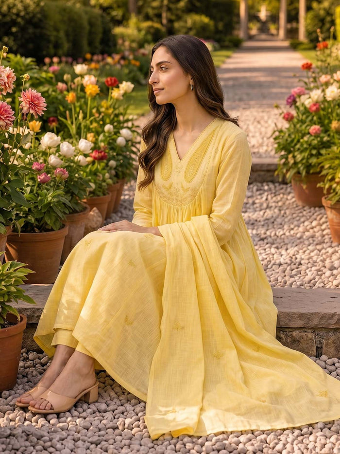 BRIGHT YELLOW KOTA DORIA SUIT SET WITH KOTA DUPATTA
