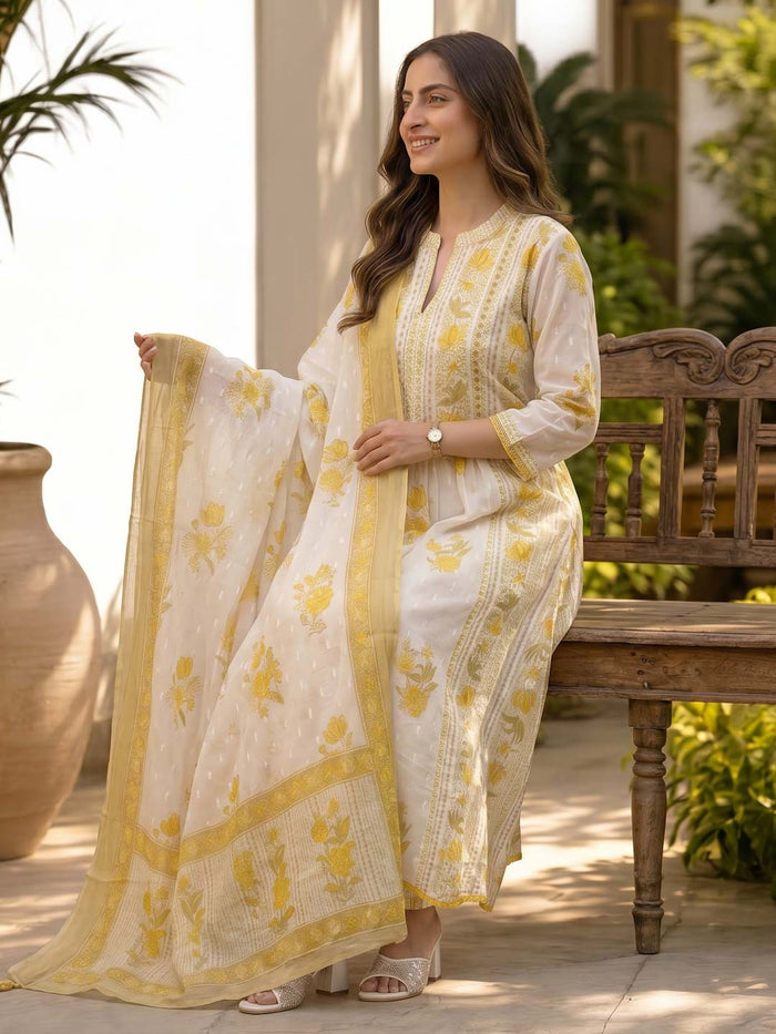 YELLOW & WHITE SUIT SET WITH SEQUENCE WORK