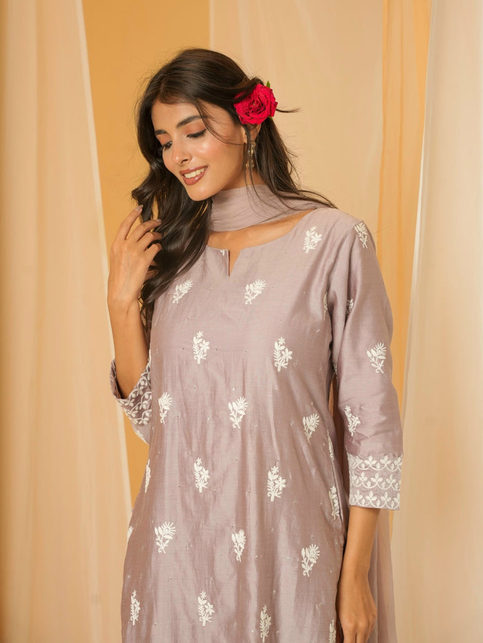 MAUVE CHANDERI SUIT SET WITH EMBROIDERY
