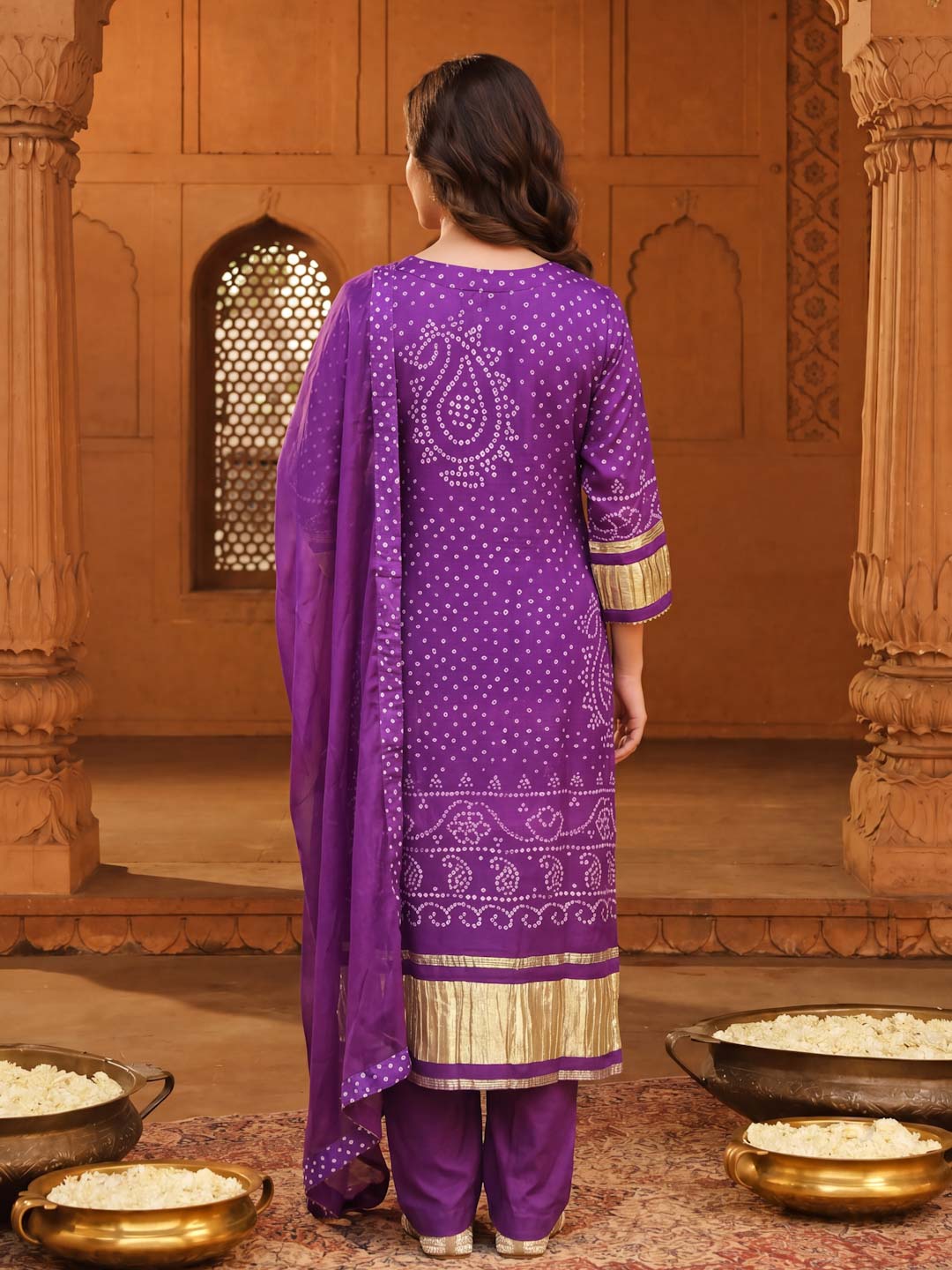 VIOLET BANDHEJ PRINT SUIT SET WITH ORGANZA DUPATTA