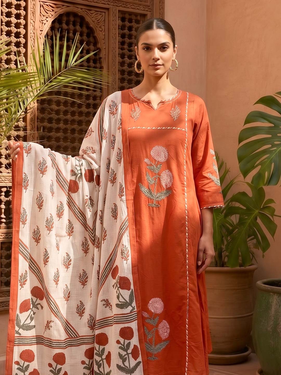 BURNT ORANGE  COTTON HANDBLOCK SUIT SET