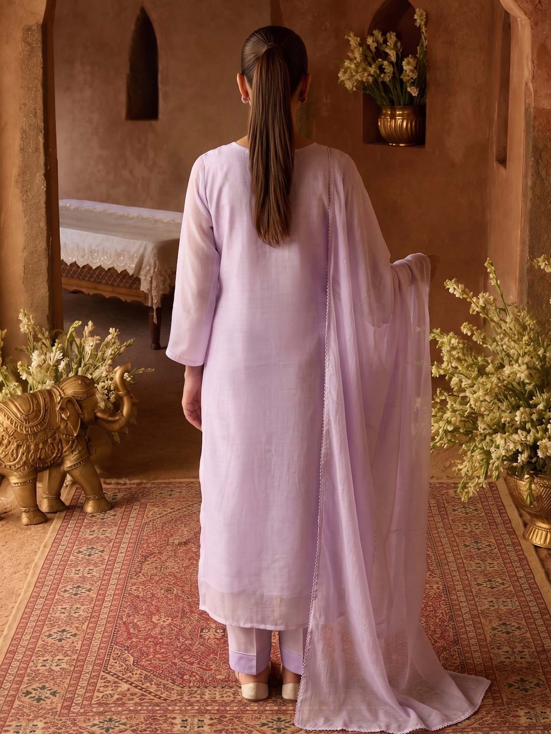 LILAC CHANDERI HANDWORK SUIT SET WITH ORGANZA DUPATTA