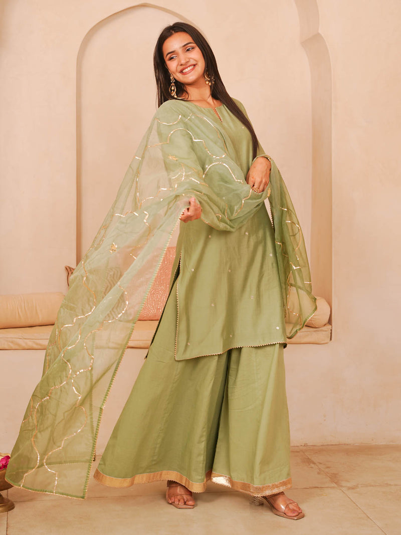 SAGE GREEN CHANDERI SHARARA SET WITH ORGANZA DUPATTA