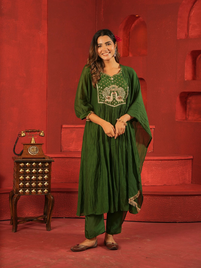 GREEN MUL CHANDERI SUIT SET WITH HEAVY WORK ON NECK